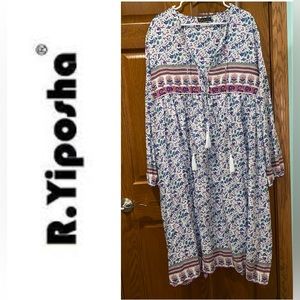 🌸EUC R.YIposha XL Long Sleeve Floral Print V-Neck Bohemian Midi Dress